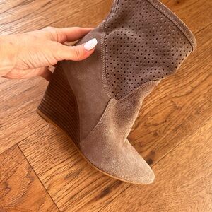 Women’s Taupe Suede Wedge Bootie - Stylish Perforated Shaft